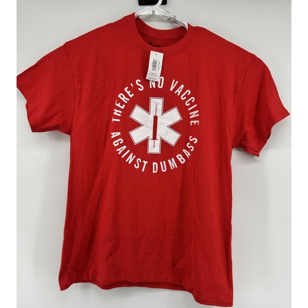 Spencer's Gifts "There's No Vaccine Against Dumbass" Red T ‎ Shirt Large NWT